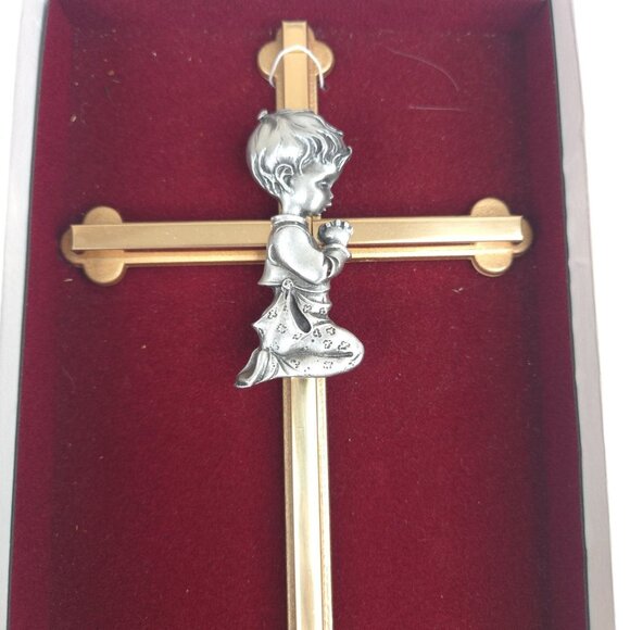 Gold Silver Cross Praying Boy Figurine 7" Religious Catholic First Communion - Picture 1 of 6